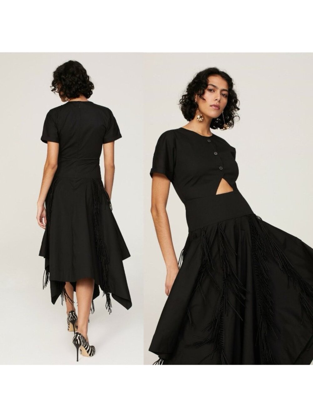 Bibhu Mohapatra Collective Cutout Fringe Asymmetrical Midi Dress 6 Black Button